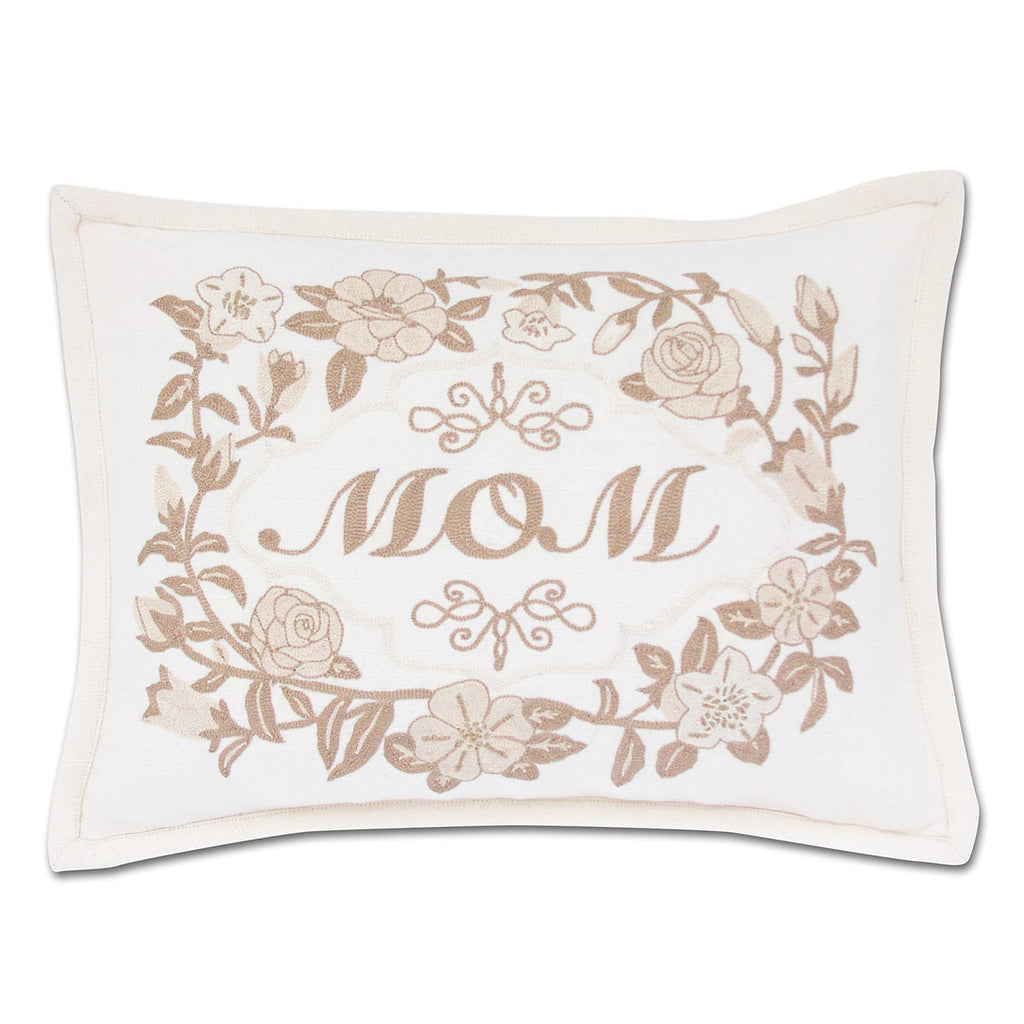 Mom Tan Love Gift hand embroidered throw pillow with heartfelt message.