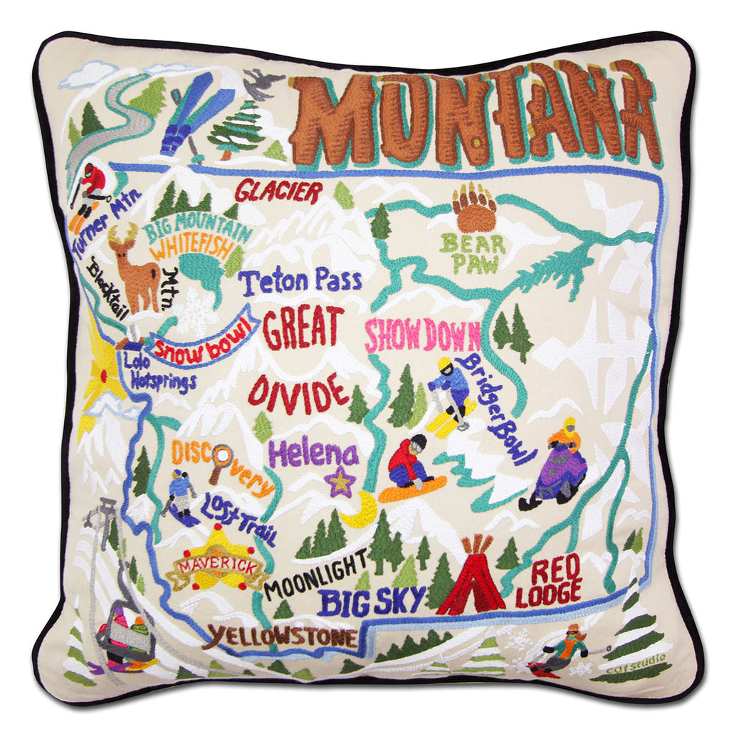Montana Big Sky Ski Mountain embroidered throw pillow with mountain view.
