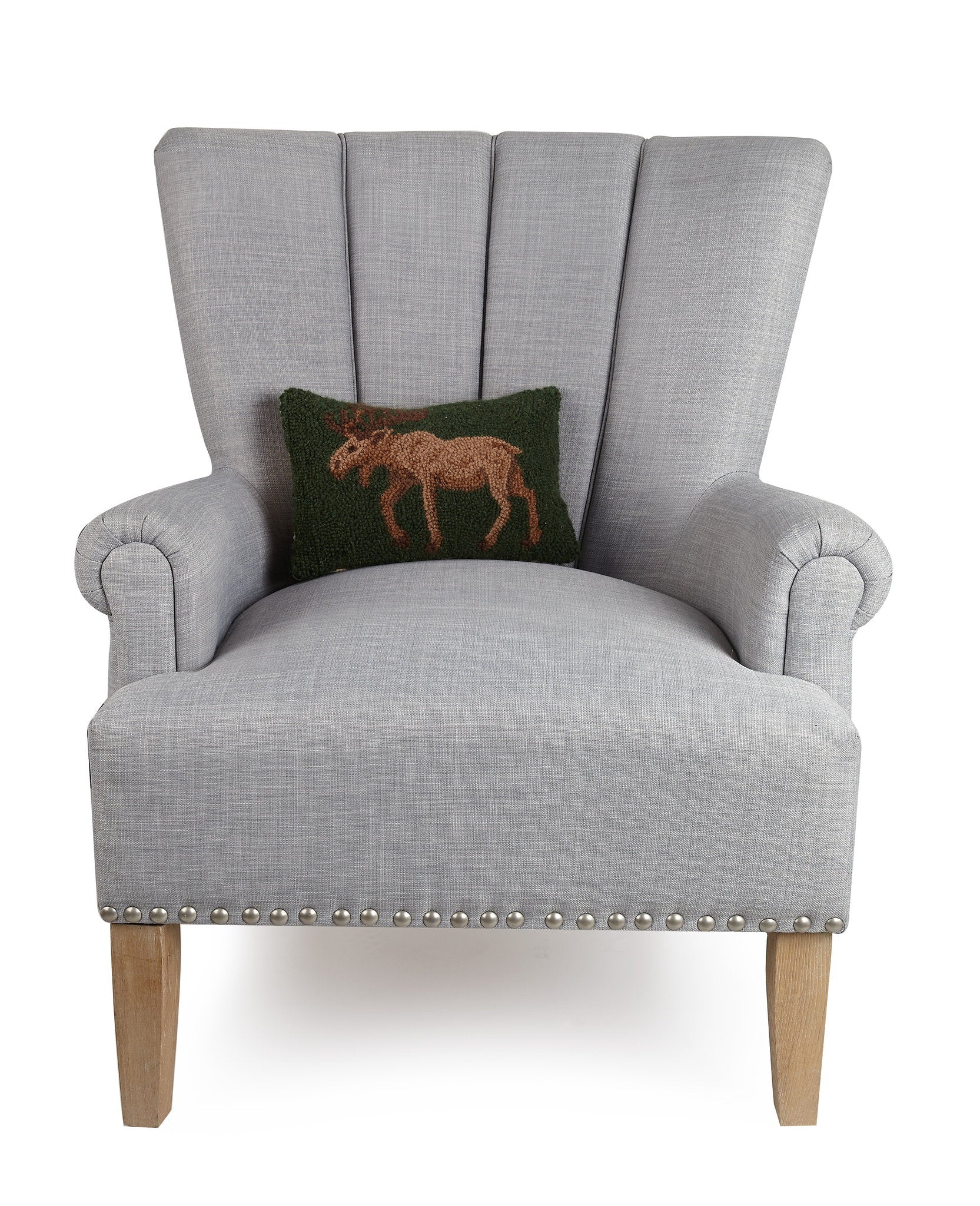 Moose Hooked Wool Throw Pillow on an armchair, showing the throw pillow at room scale, 8x12 inch