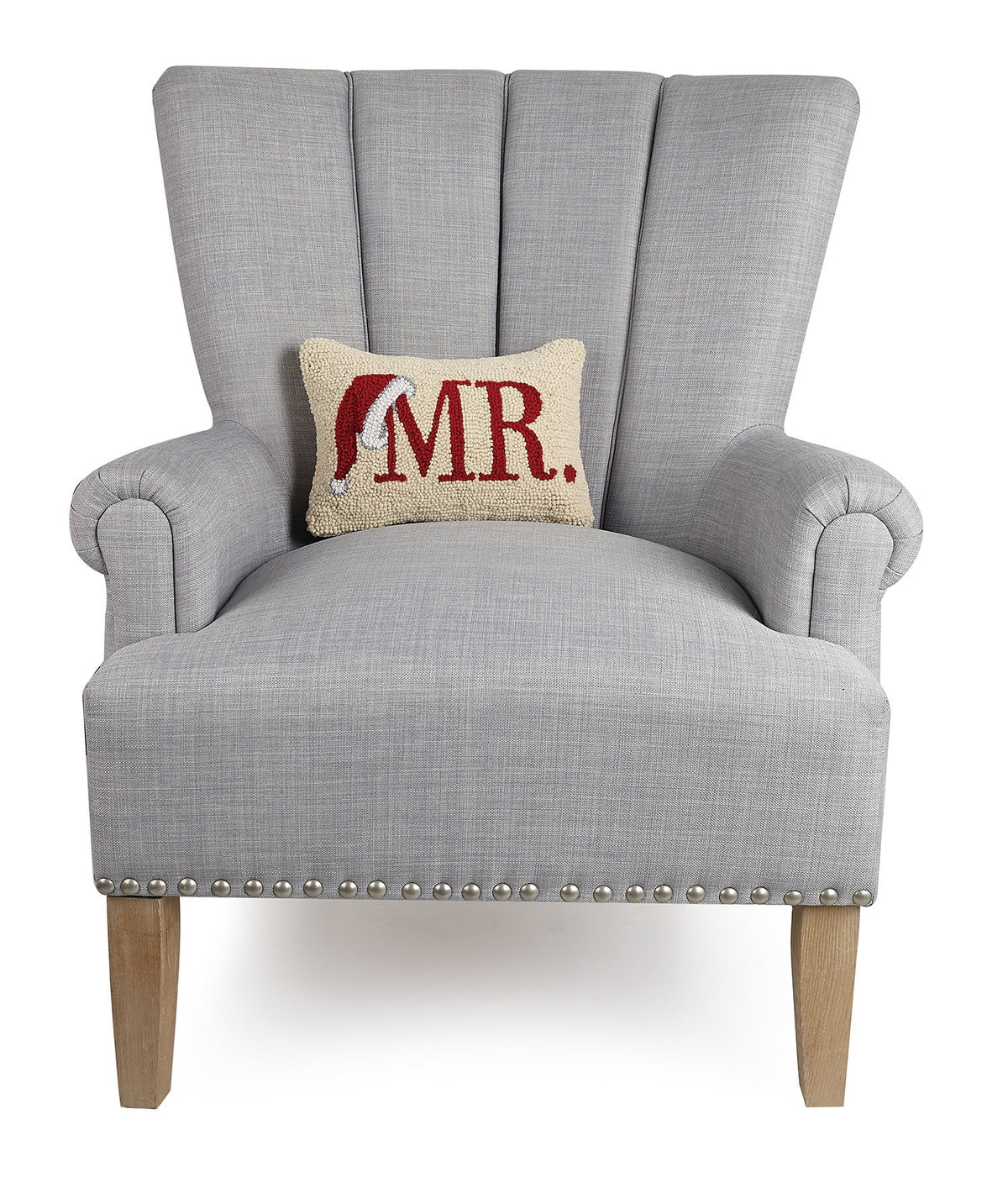 Mr Hooked Wool Christmas Throw Pillow on an armchair, showing the throw pillow at room scale, 8x12 inch