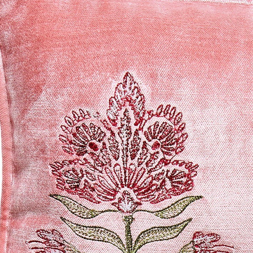 Closeup of Mughal Floral Oblong Velvet Embroidered Throw Pillow showing stitch texture and craftsmanship detail