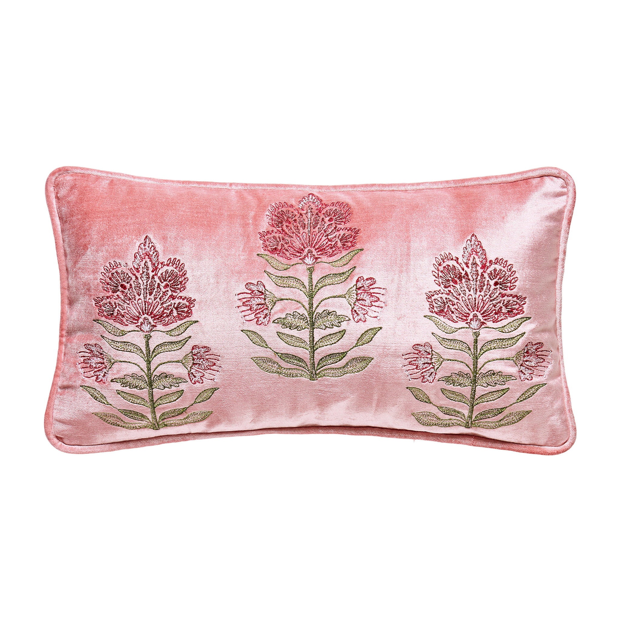 Mughal Floral Oblong Velvet Embroidered Throw Pillow, 9x16 inch, front view