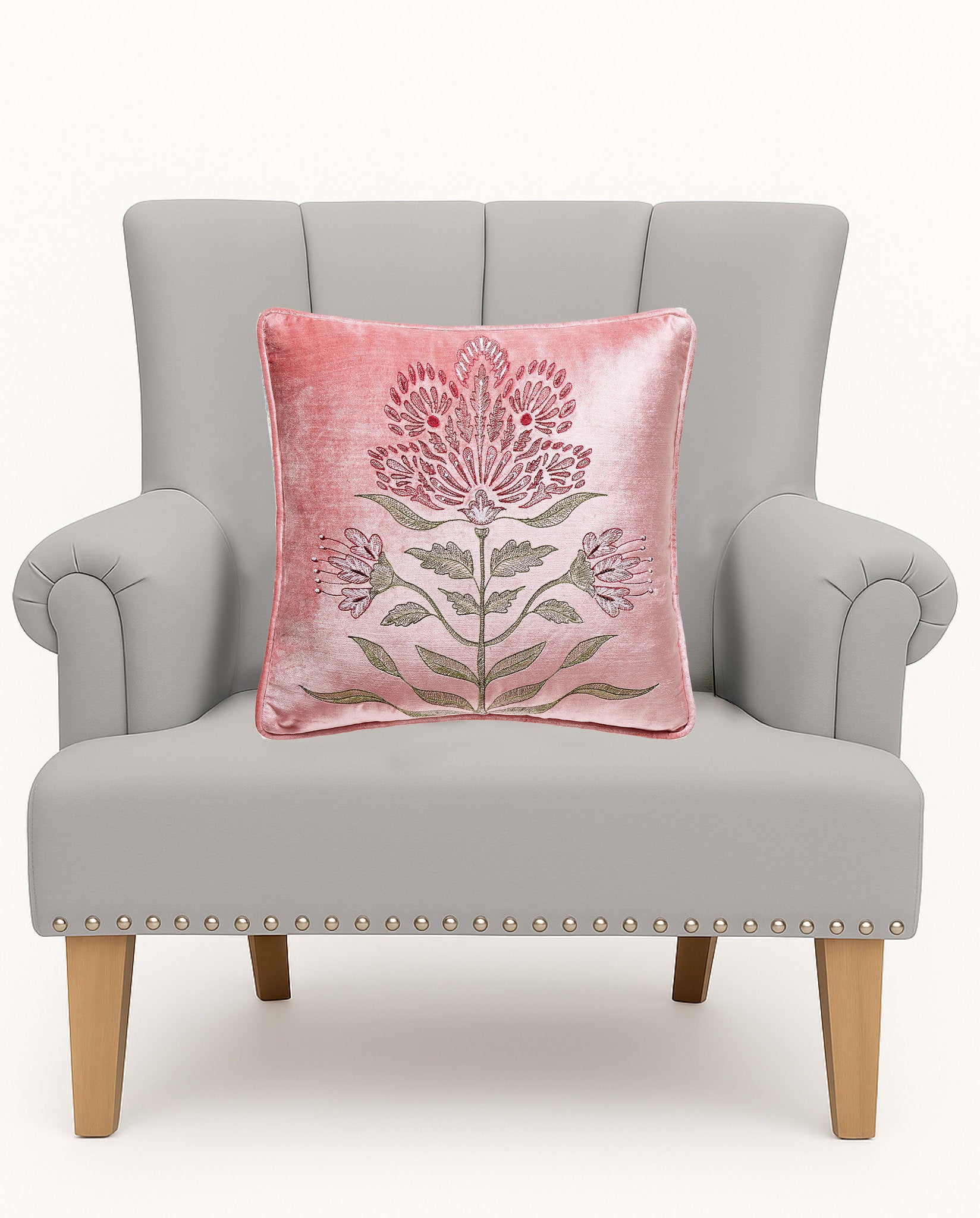 Mughal Floral Square Velvet Embroidered Throw Pillow on an armchair, showing the throw pillow at room scale, 16x16 inch