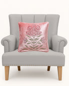 Mughal Floral Square Velvet Embroidered Throw Pillow on an armchair, showing the throw pillow at room scale, 16x16 inch