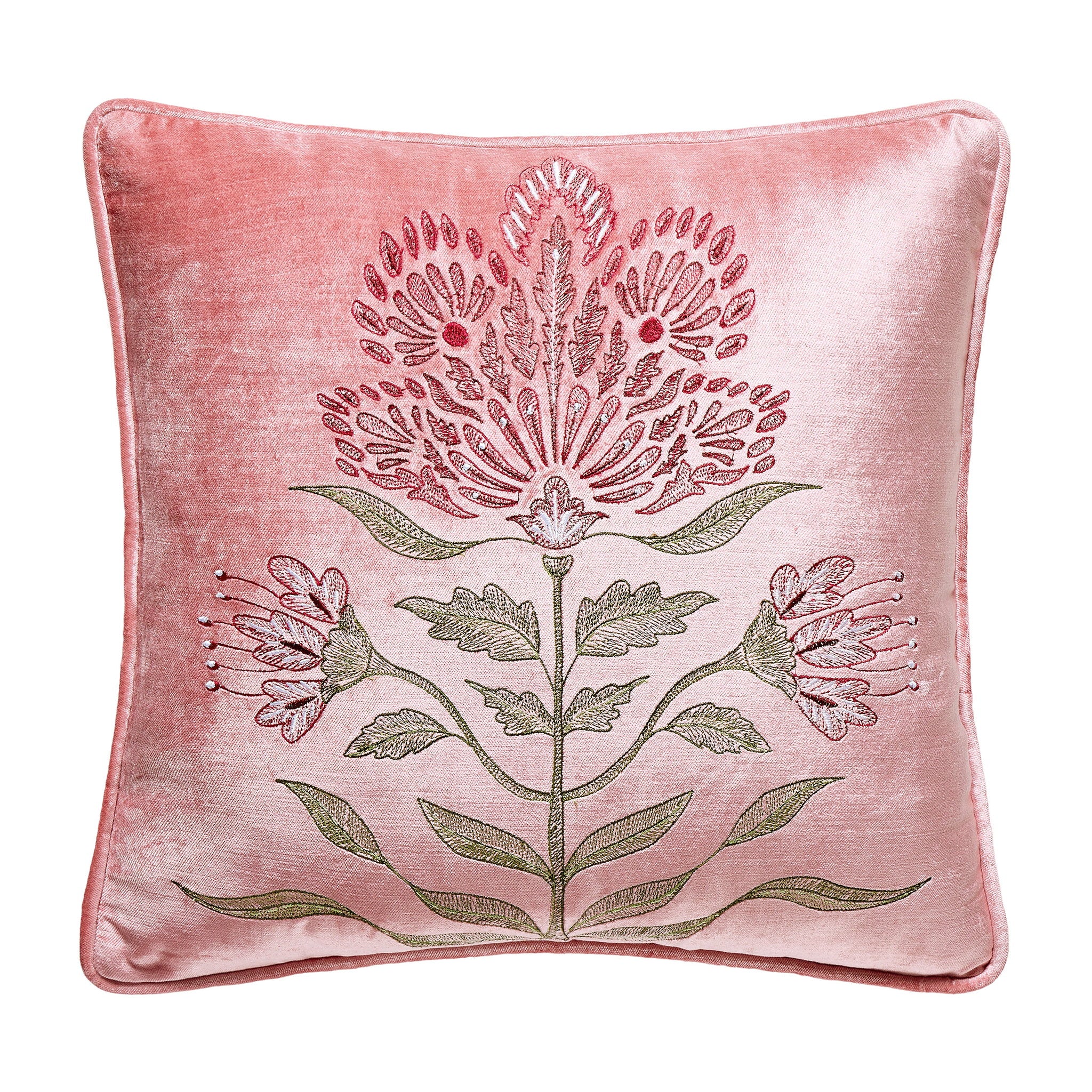 Mughal Floral Square Velvet Embroidered Throw Pillow, 16x16 inch, front view