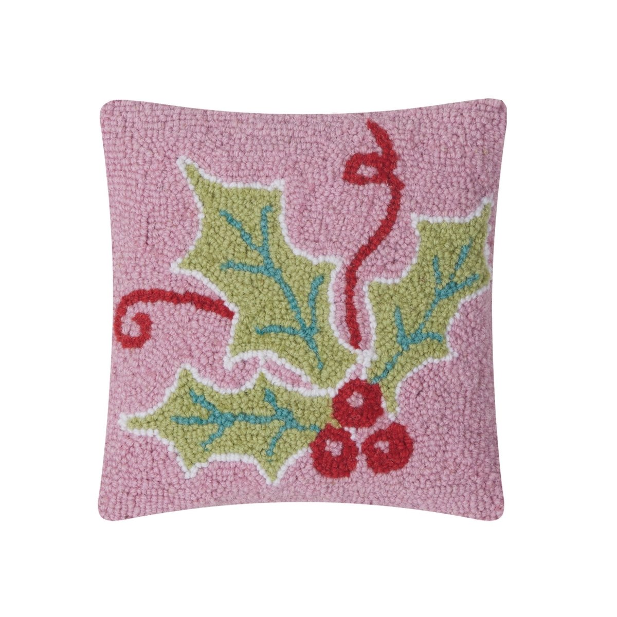 Multi Color Holly Hooked Wool Christmas Throw Pillow, 10x10 inch, front view