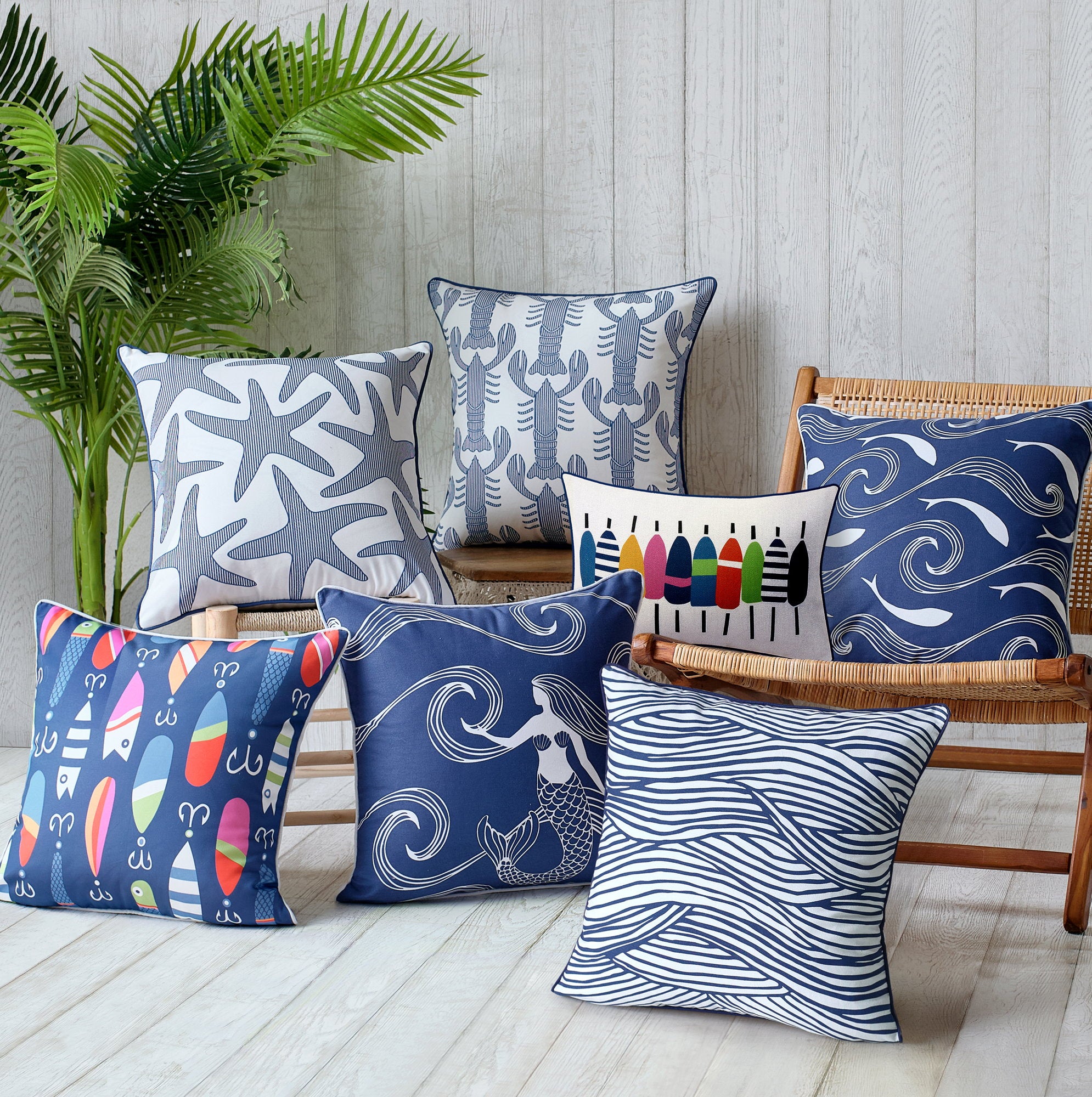 Multi Colored Buoy Printed Throw Pillow shown alongside other designs in the same collection, 12x20 inch