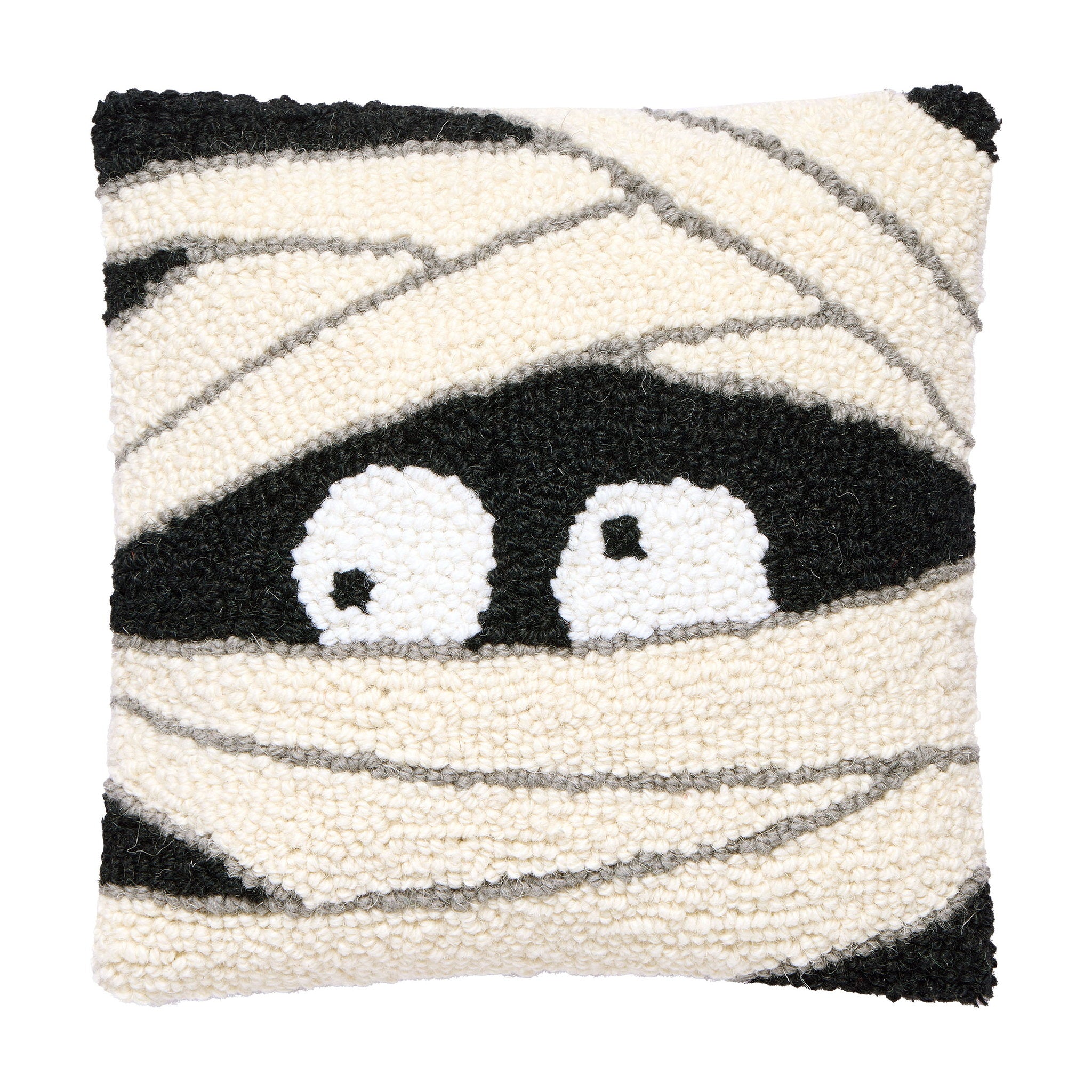 Mummy Face Hooked Wool Halloween Throw Pillow, 10x10 inch, front view