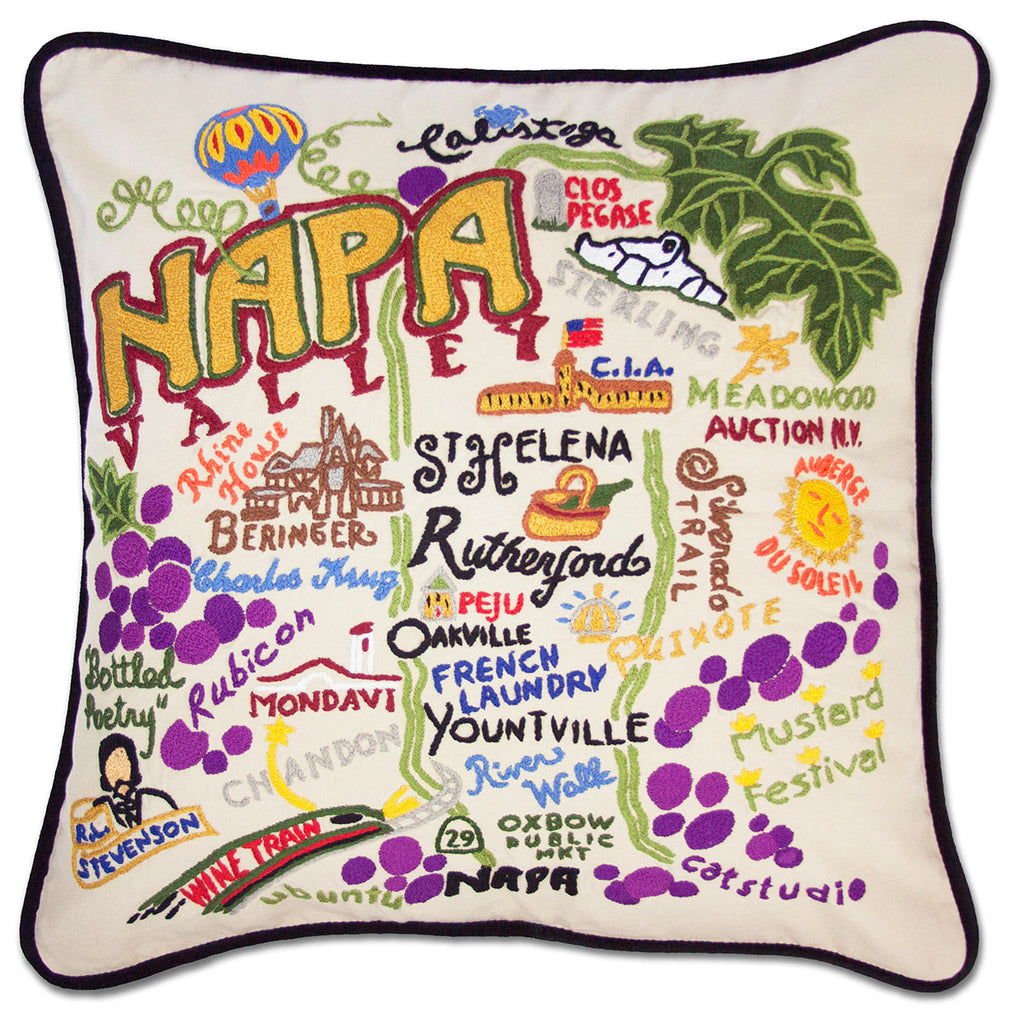 Napa Valley Vineyard embroidered throw pillow with vineyard scenery.