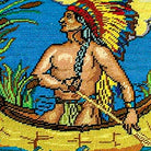 Hand-stitched wool detail of Native American Canoe Outdoor needlepoint pillow showing intricate weave pattern and texture