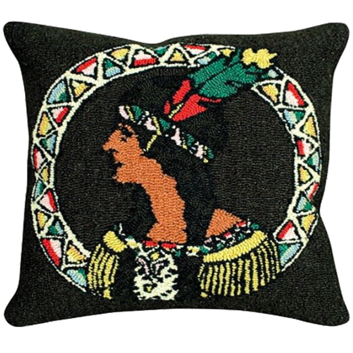 Native American Woman hooked wool throw pillow with artisan decorative design