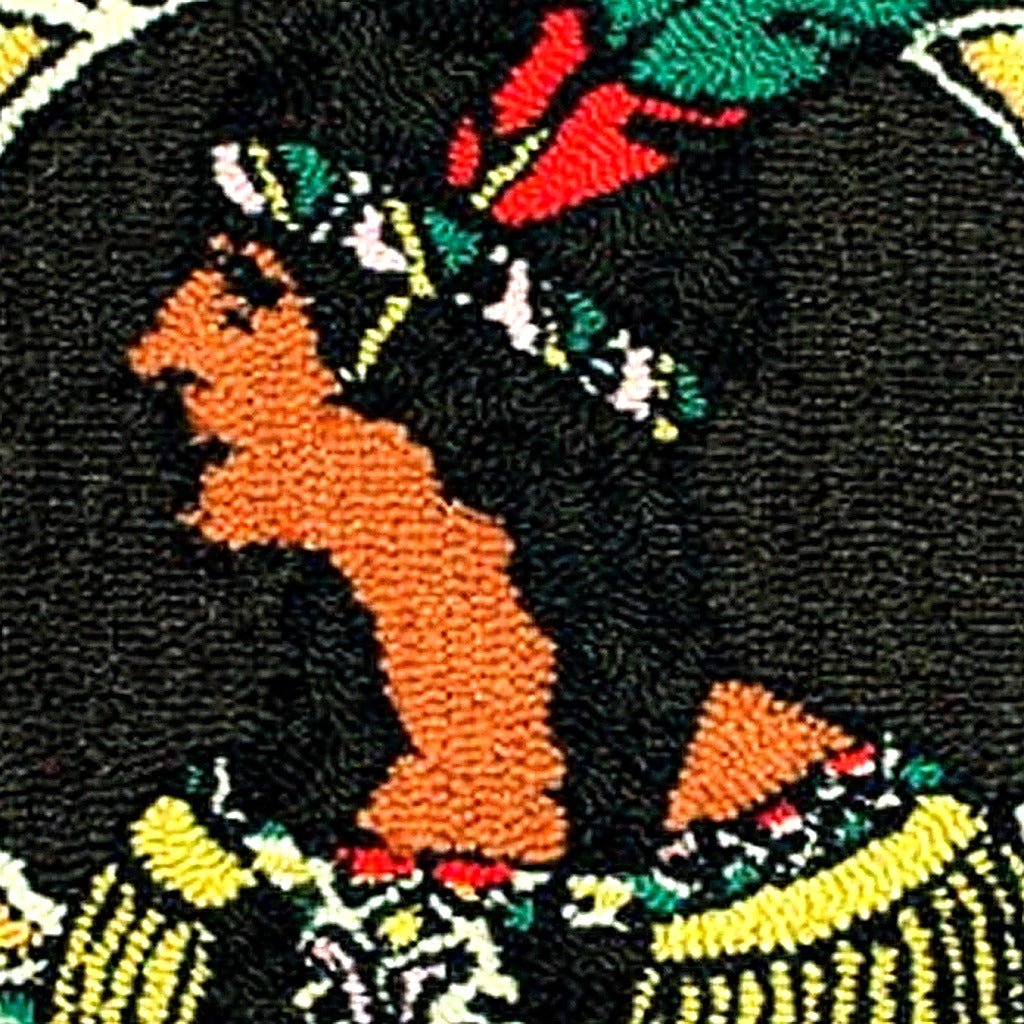 Native American Woman Wool Hooked pillow fabric closeup showing hand-embroidered needlepoint wool texture and color detail