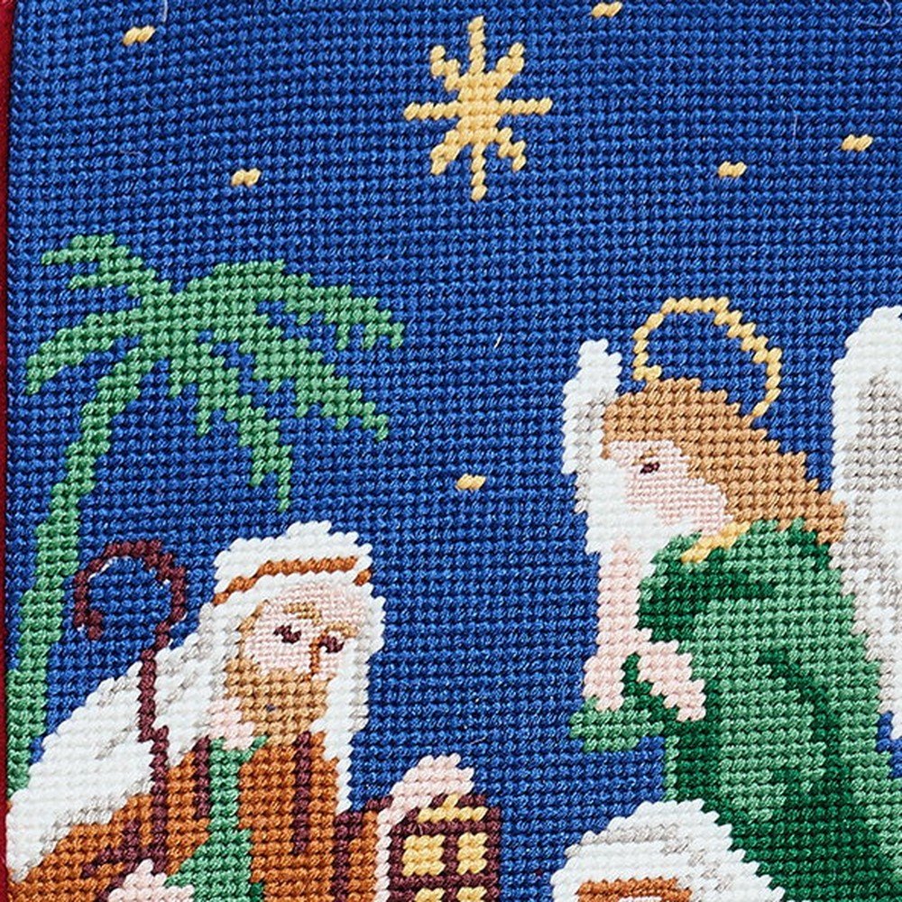 Closeup of Nativity Embroidered Needlepoint Christmas Stocking showing stitch texture and craftsmanship detail