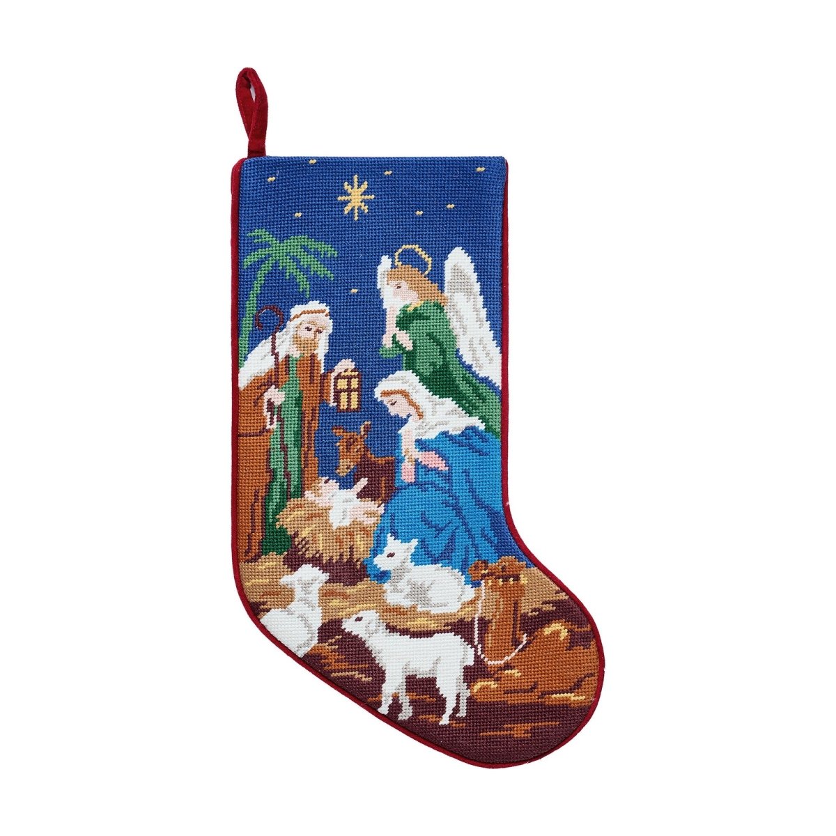 Nativity Embroidered Needlepoint Christmas Stocking, 11x18 inch, front view
