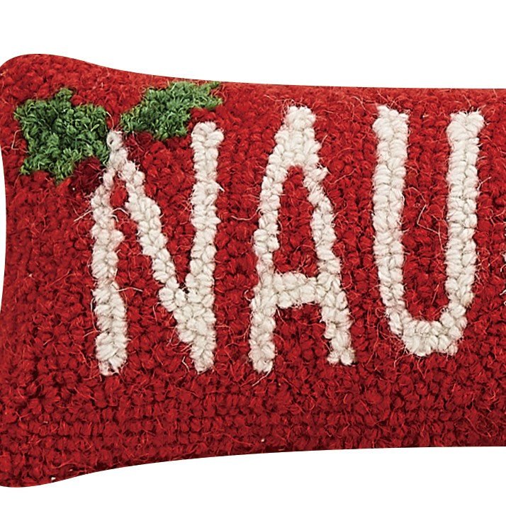 Naughty Hooked Wool Christmas Throw Pillow, close-up detail
