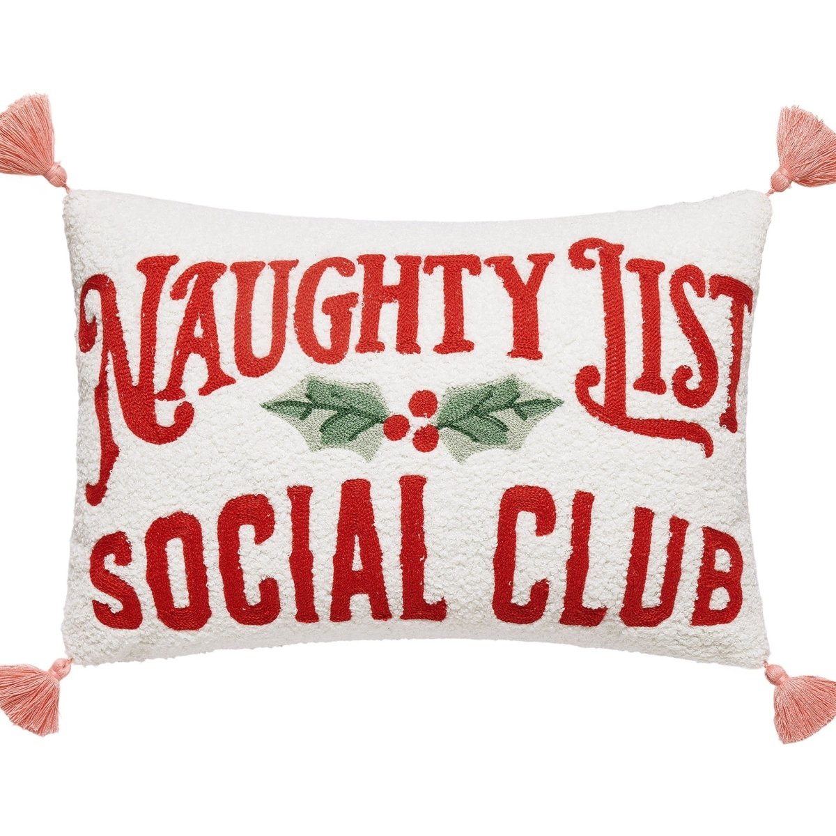 Naughty Social Club Embroidered Christmas Throw Pillow, close-up detail