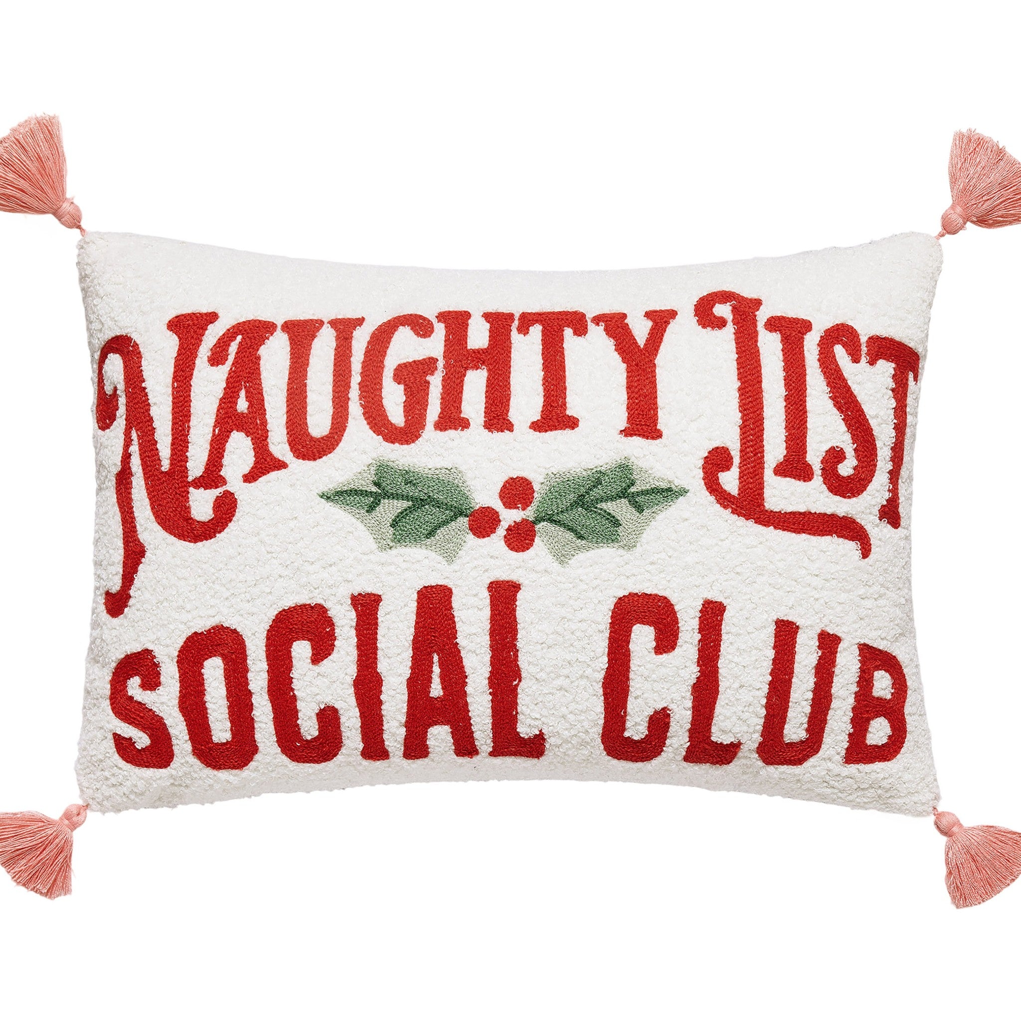 Naughty Social Club Embroidered Christmas Throw Pillow, close-up detail