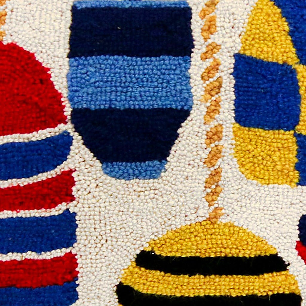 Closeup of Nautical Buoy Shore Coastal Wool Hooked needlepoint throw pillow highlighting hand-stitched wool craftsmanship and fabric detail