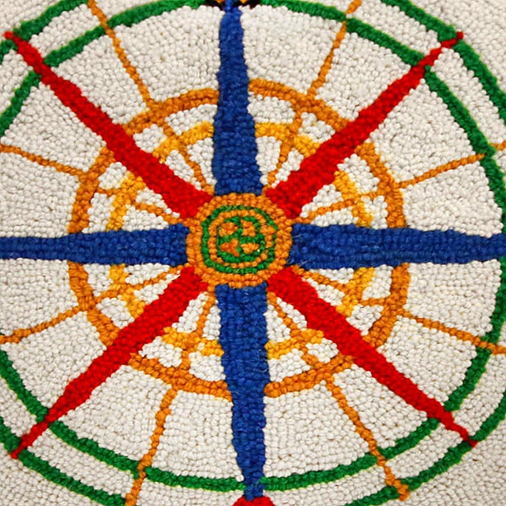 Closeup of Nautical Compass Coastal Wool Hooked needlepoint throw pillow highlighting hand-stitched wool craftsmanship and fabric detail