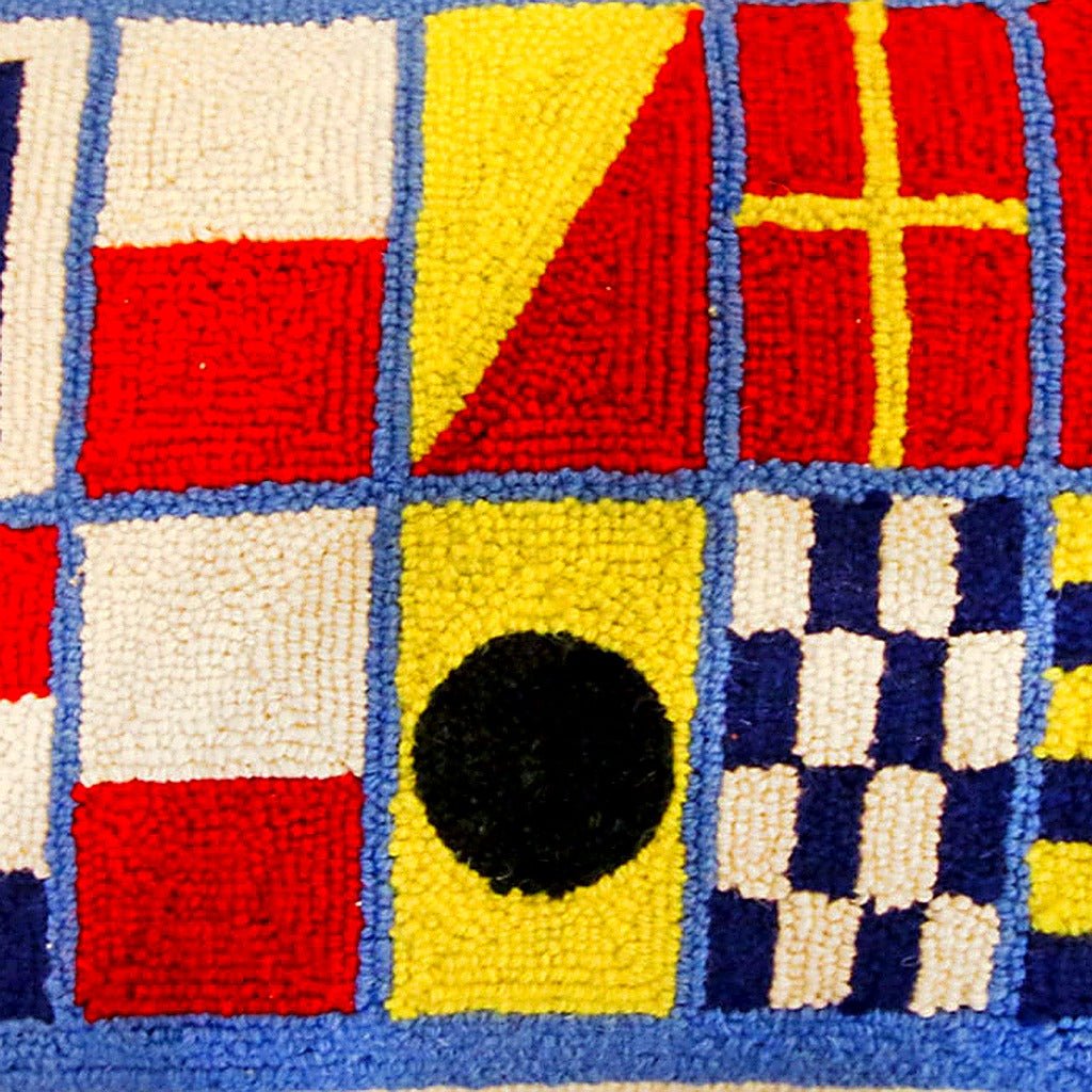 Nautical Flag Shore Thing Coastal Wool Hooked pillow fabric closeup showing hand-embroidered needlepoint wool texture and color detail