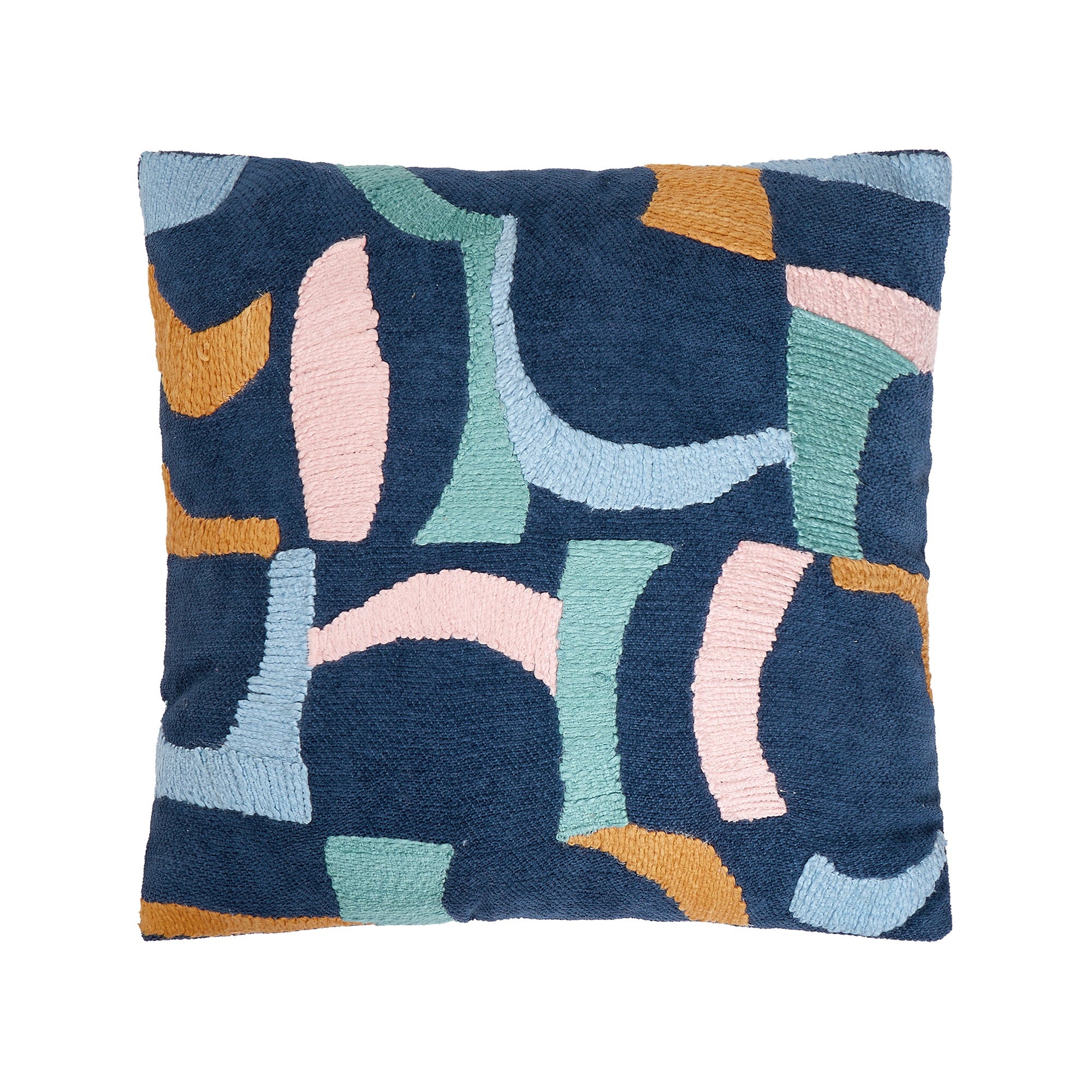 Navy & Bright Shapes Embroidered Throw Pillow, 18x18 inch, front view