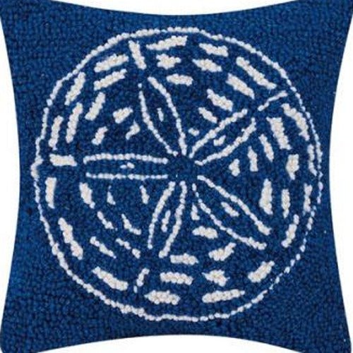 Navy Ground Sand Dollar Hooked Wool Throw Pillow, close-up detail