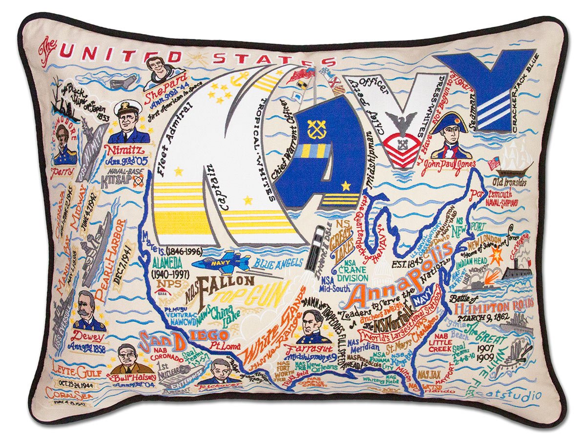 Navy Appreciation hand-embroidered throw pillow showcasing iconic landmarks