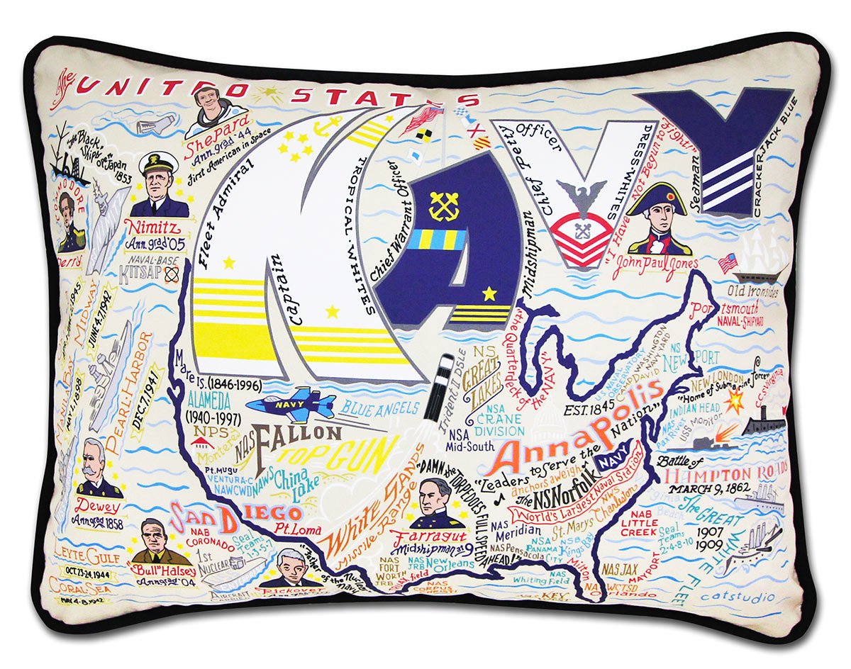 Navy US Military Printed hand-embroidered throw pillow showcasing iconic landmarks