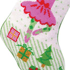 Closeup of New Ballerina Frog Needlepoint Christmas Stocking showing stitch texture and craftsmanship detail