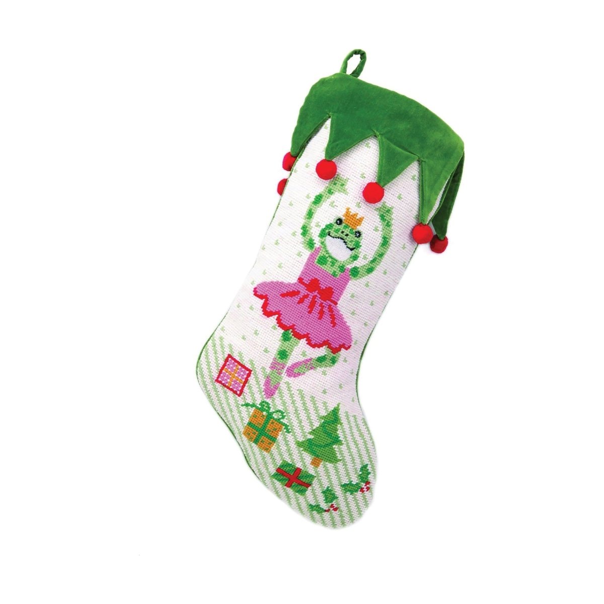 New Ballerina Frog Needlepoint Christmas Stocking, 11x18 inch, front view