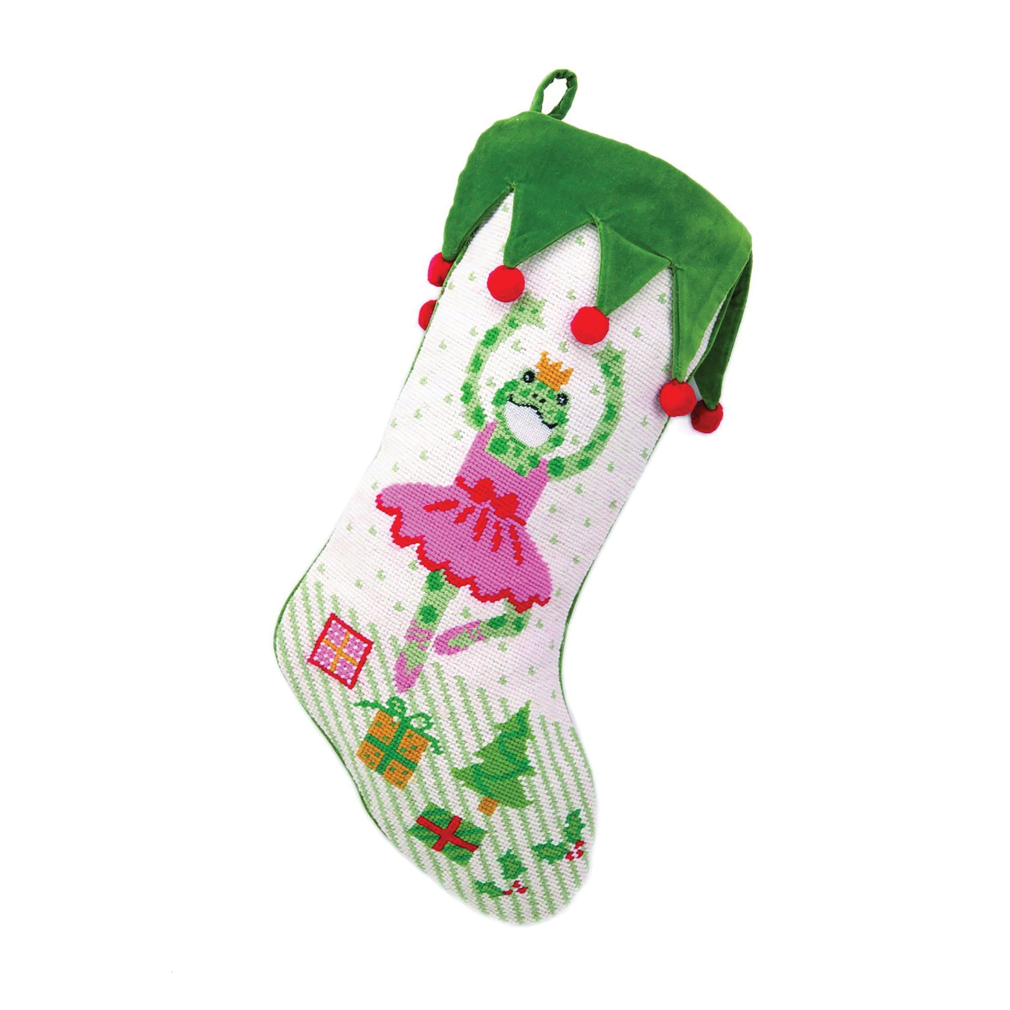 New Ballerina Frog Needlepoint Christmas Stocking, 11x18 inch, front view