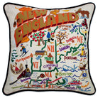 New England Charm hand-embroidered throw pillow showcasing iconic landmarks