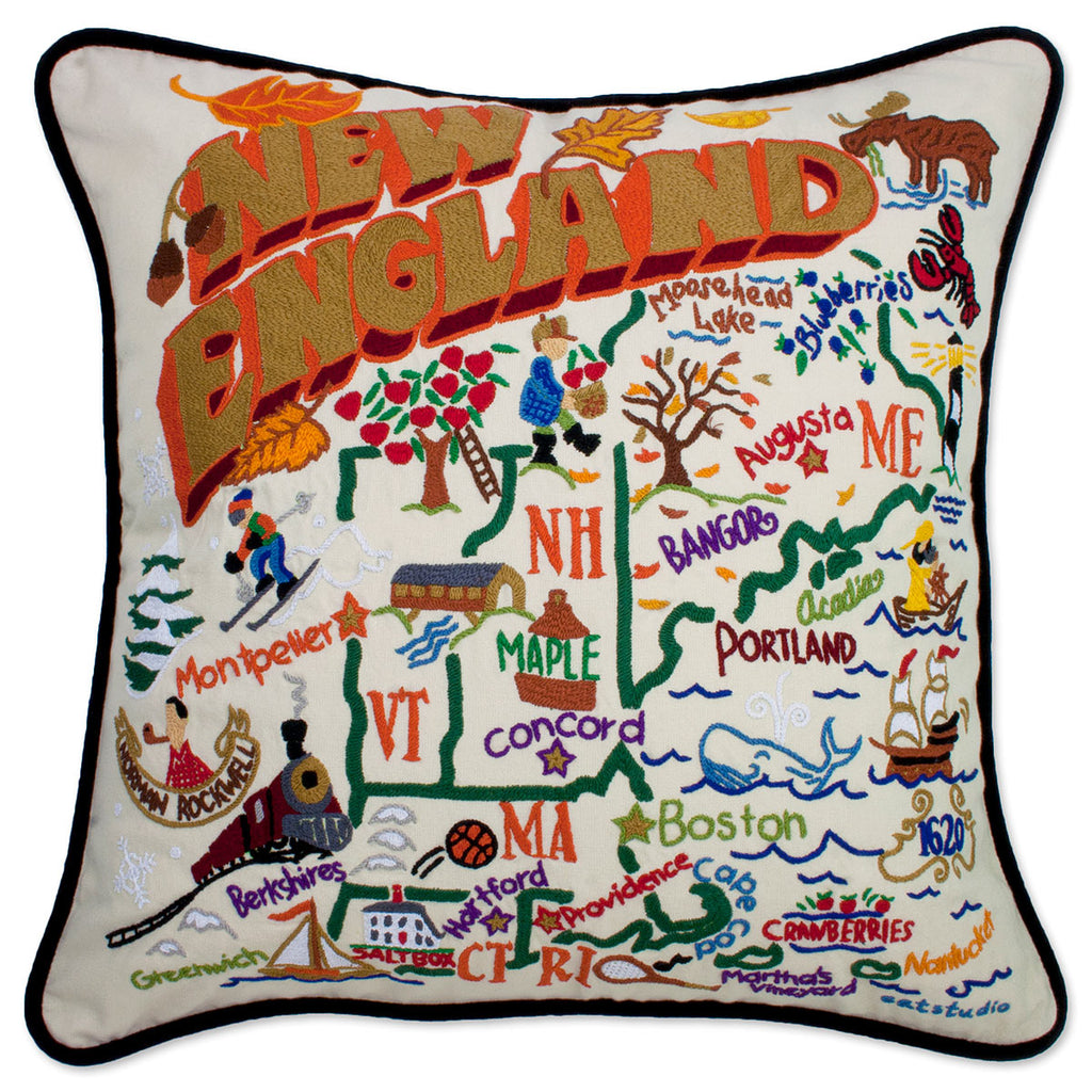 New England Charm embroidered throw pillow with scenic landscape.