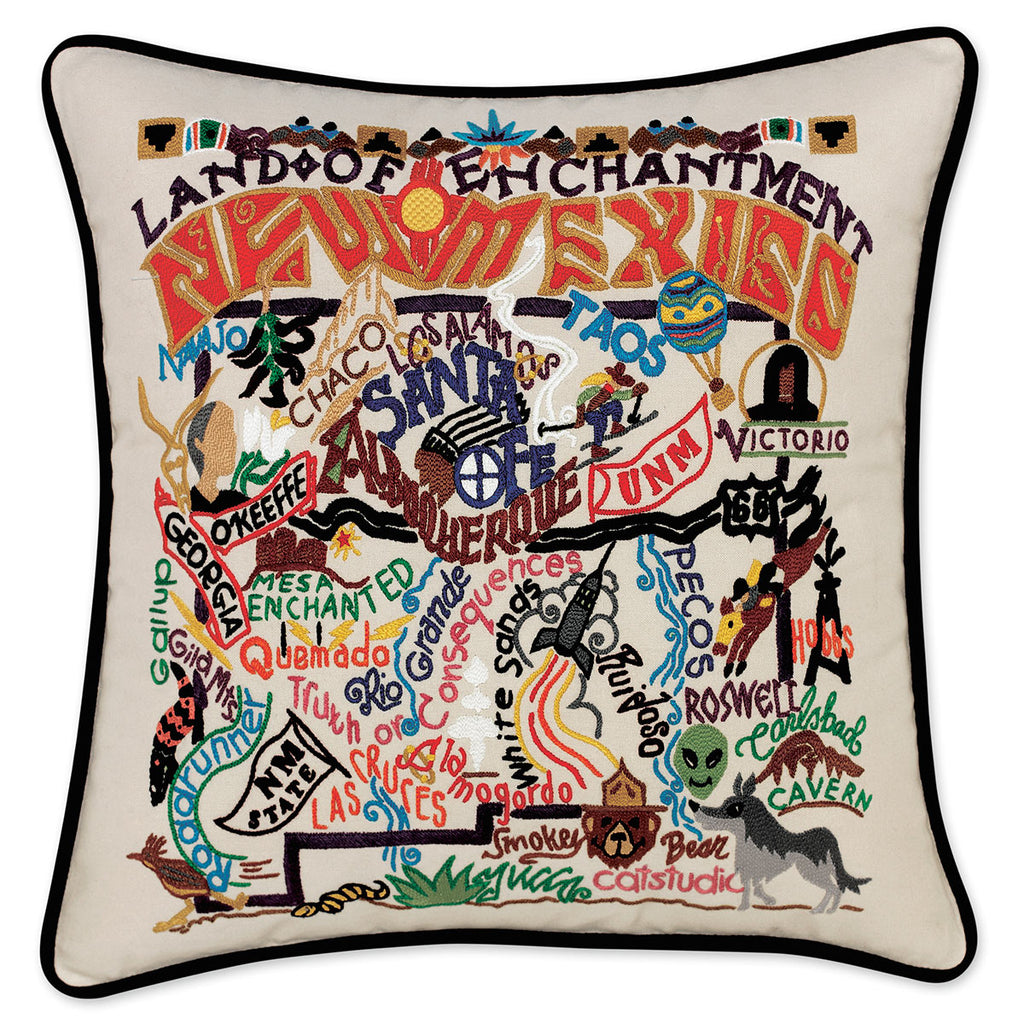 New Mexico State Enchantment embroidered throw pillow with desert scene.