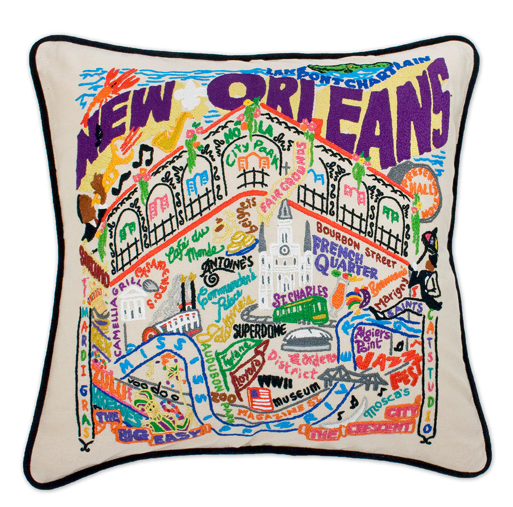 New Orleans, LA Big Easy City embroidered throw pillow with jazz imagery.