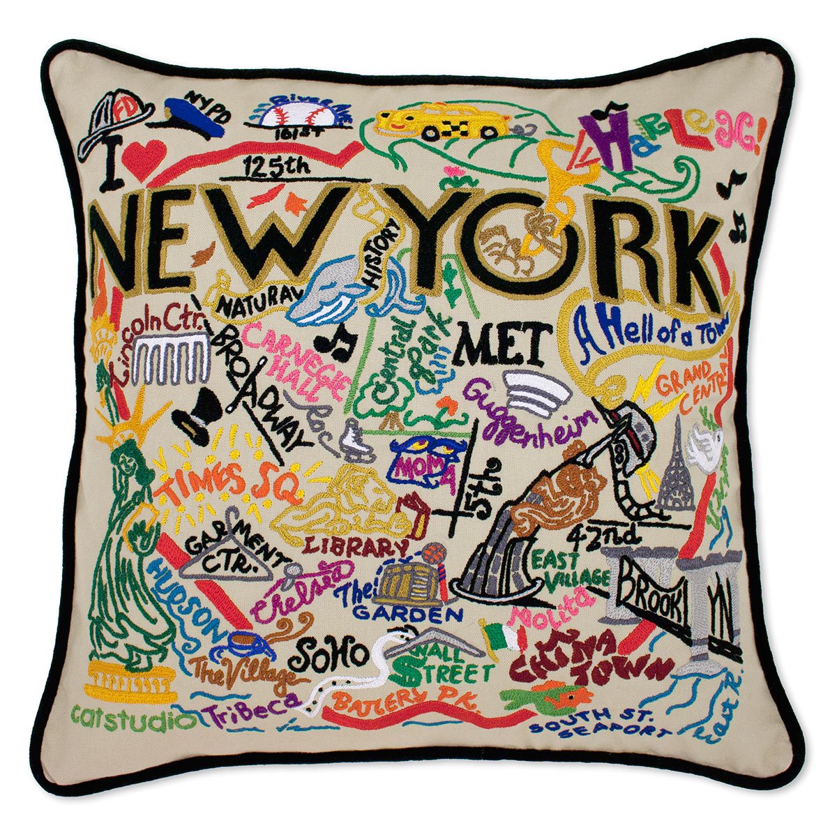 New York, NY Big Apple hand-embroidered throw pillow showcasing iconic landmarks
