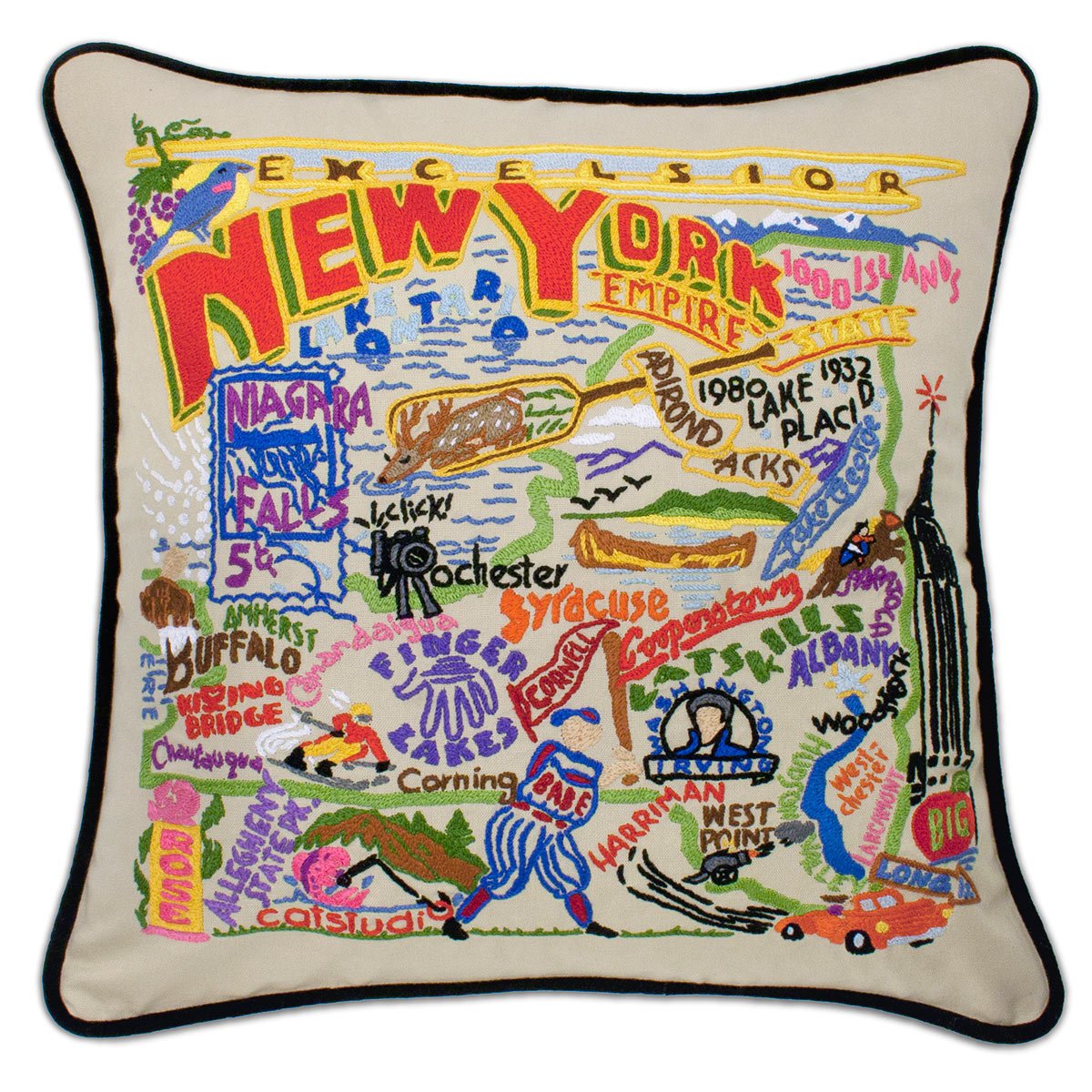 New York State Empire hand-embroidered Variant 2 throw pillow showcasing iconic landmarks