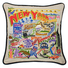 New York State Empire hand-embroidered throw pillow showcasing iconic landmarks
