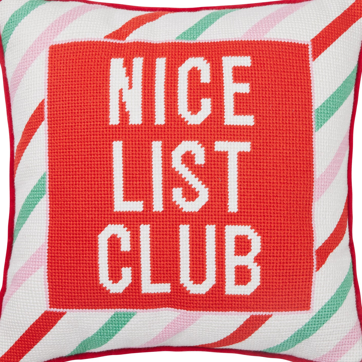Nice List Club Embroidered Needlepoint Christmas Throw Pillow, close-up detail
