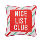 Nice List Club Embroidered Needlepoint Christmas Throw Pillow, 12x12 inch, front view