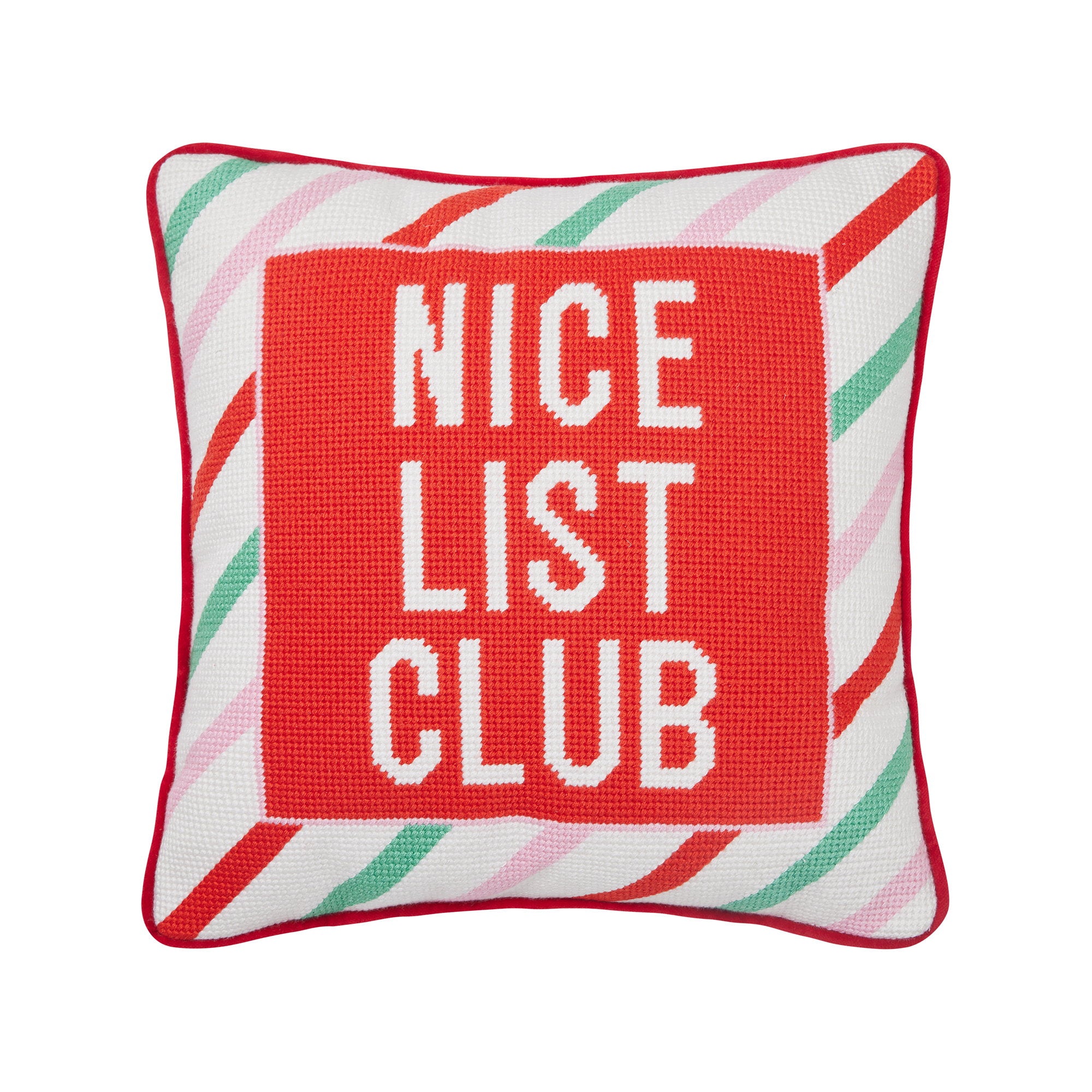 Nice List Club Embroidered Needlepoint Christmas Throw Pillow, 12x12 inch, front view
