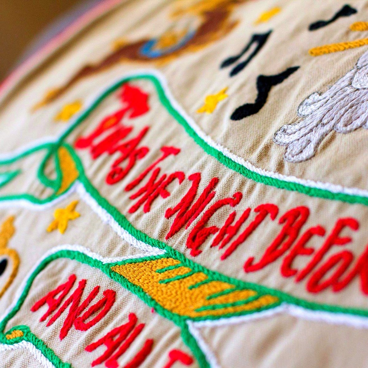 Night Before Christmas Embroidered Holiday Pillow - close-up detail of hand-embroidered needlepoint stitching