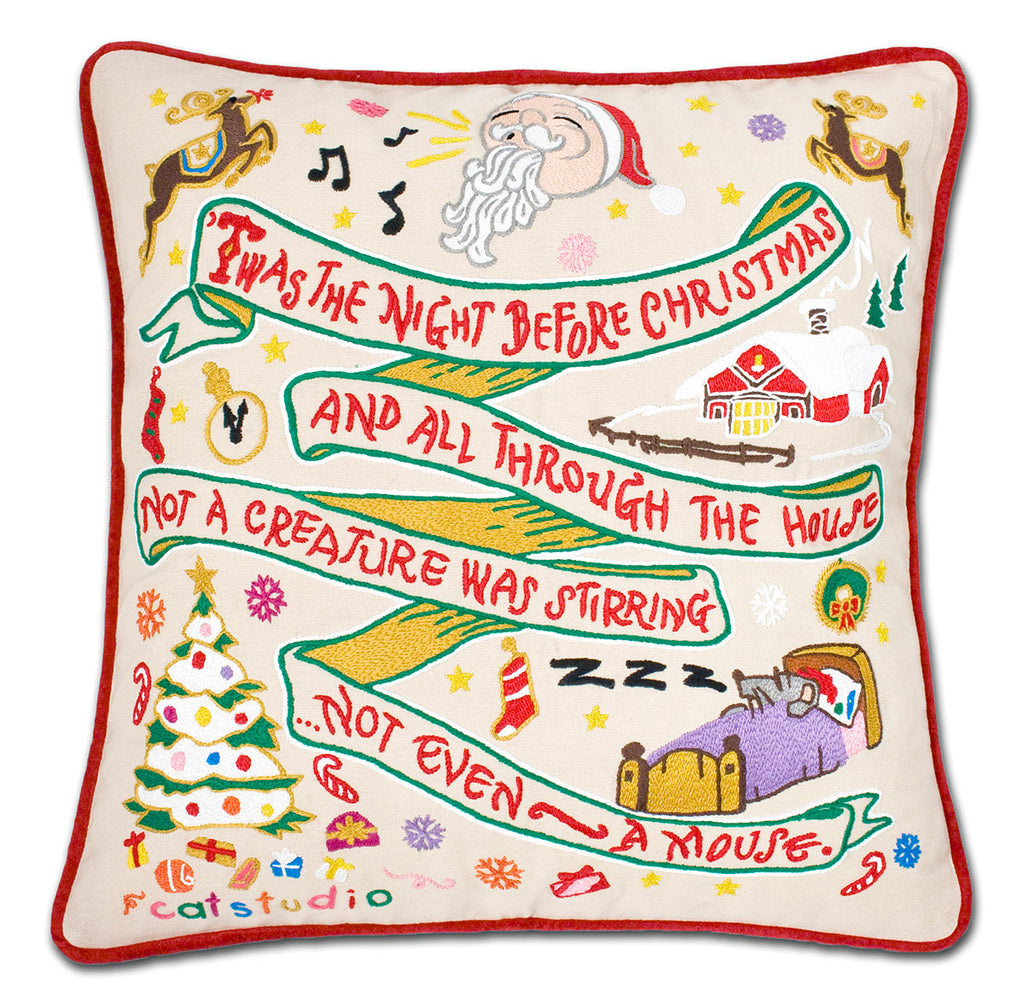 Night Before Christmas XL holiday embroidered throw pillow with whimsical Christmas Eve scene.