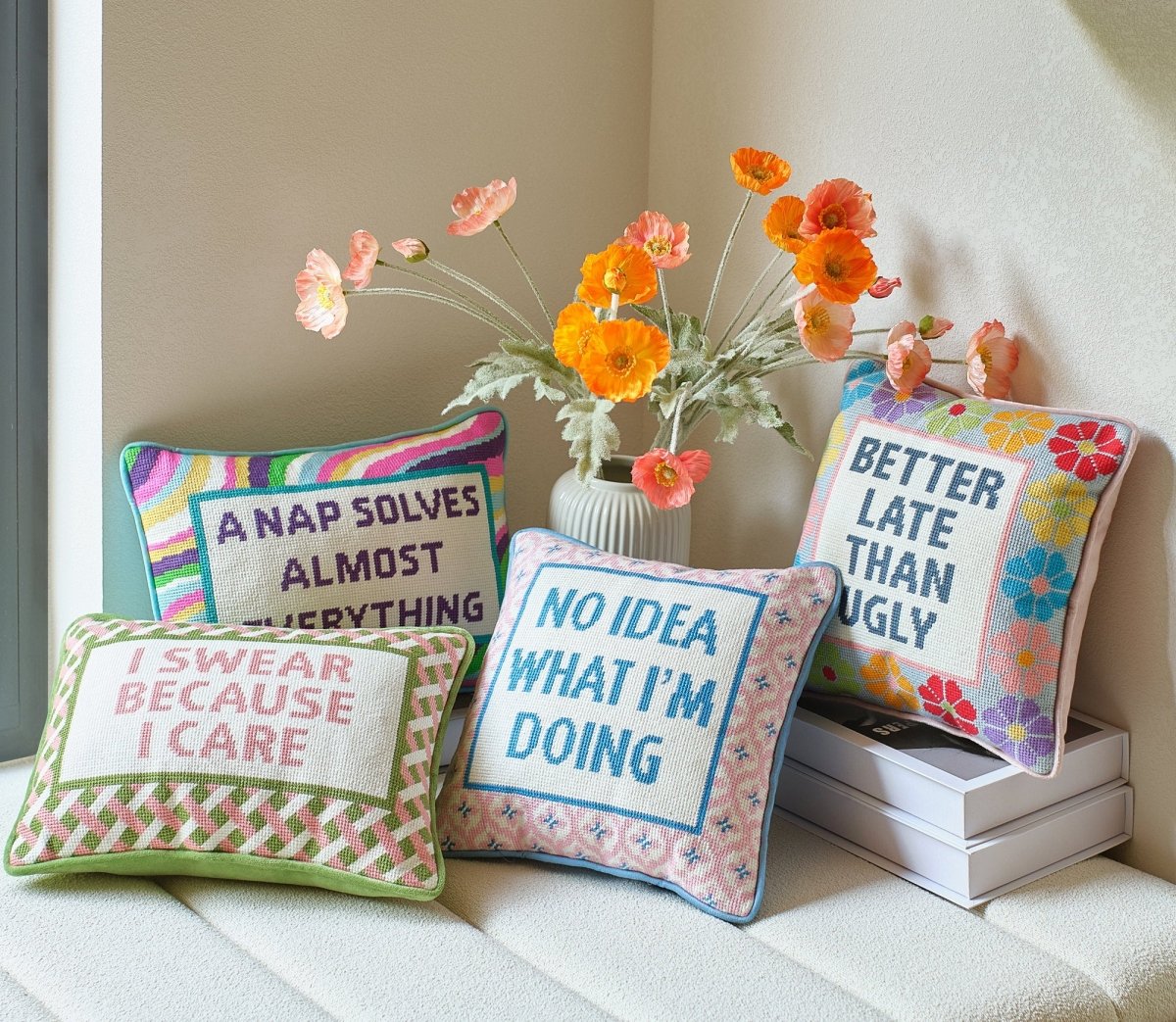 No Idea What I'm Doing Embroidered Needlepoint Throw Pillow, 12x12 inch, five word pillows grouped with flowers and books