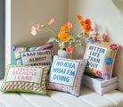 No Idea What I'm Doing Embroidered Needlepoint Throw Pillow, 12x12 inch, five word pillows grouped with flowers and books