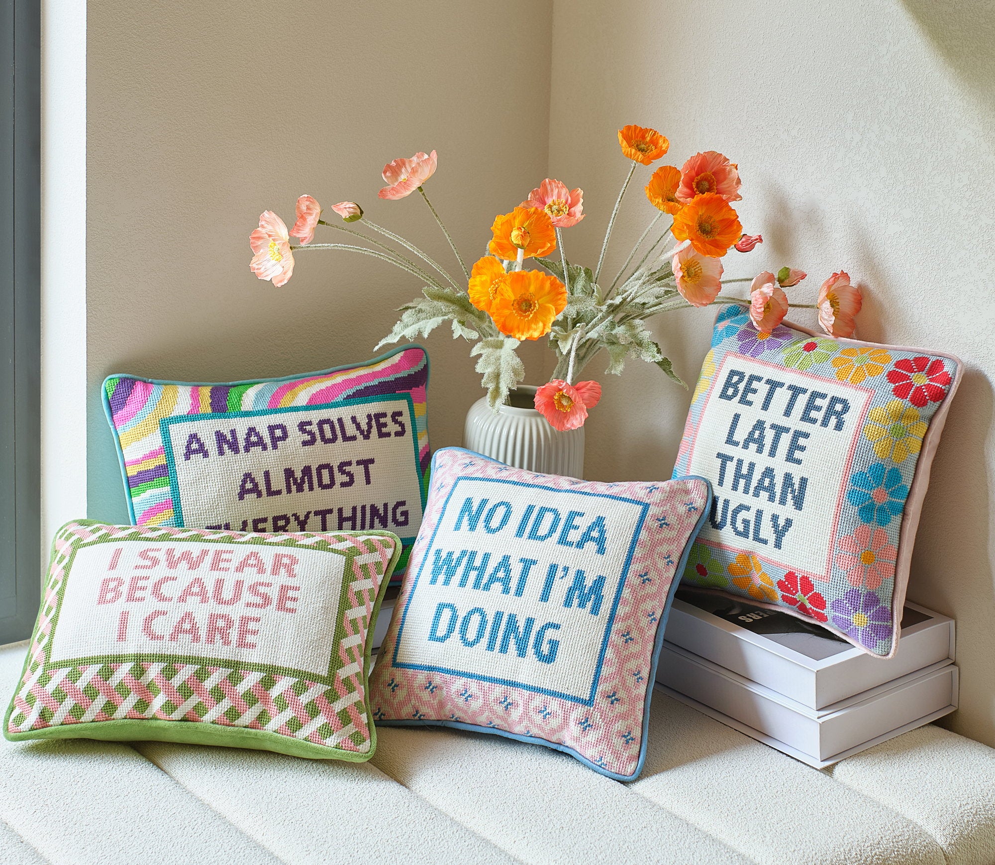 No Idea What I'm Doing Embroidered Needlepoint Throw Pillow, 12x12 inch, five word pillows grouped with flowers and books