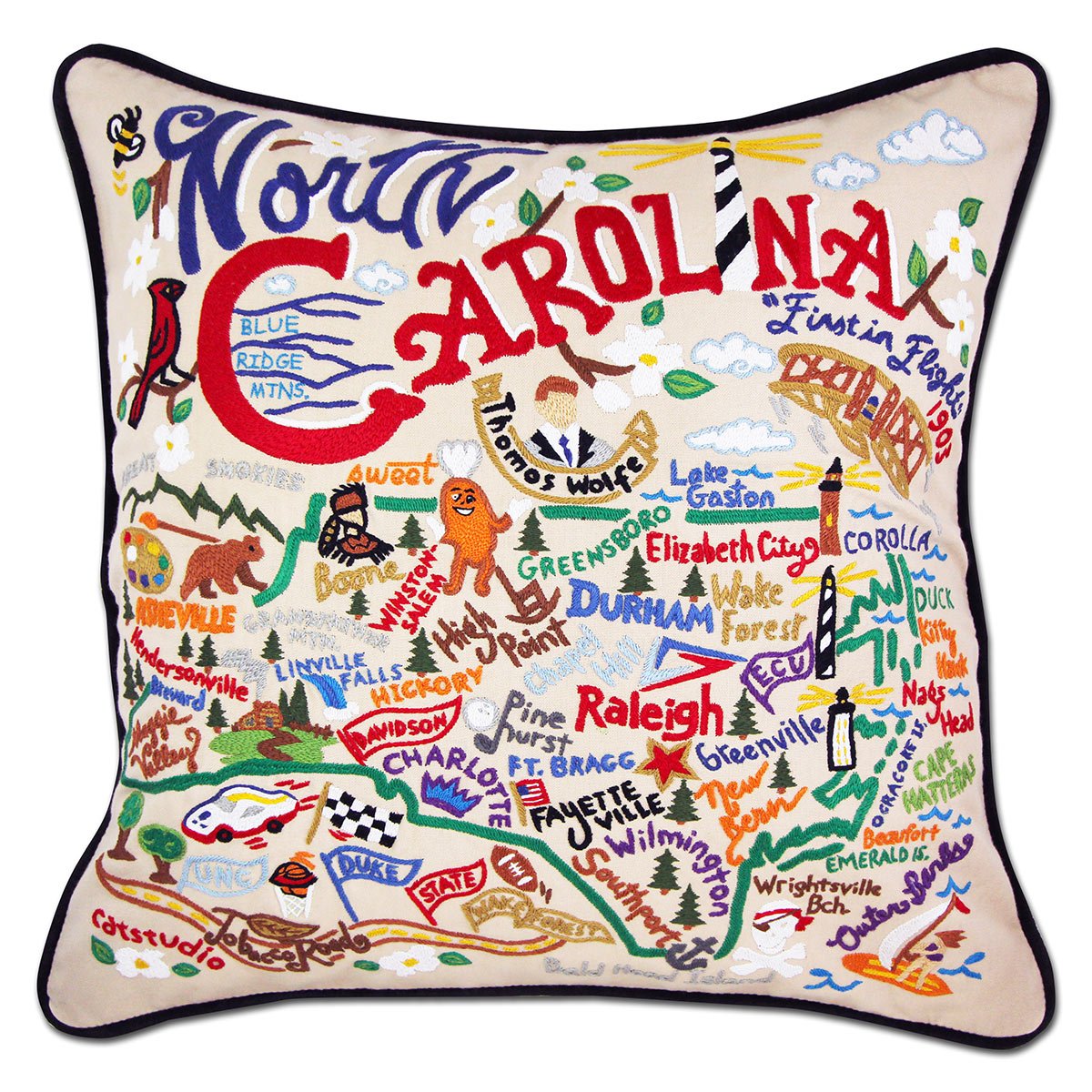 North Carolina State Tar Heel hand-embroidered throw pillow showcasing iconic landmarks