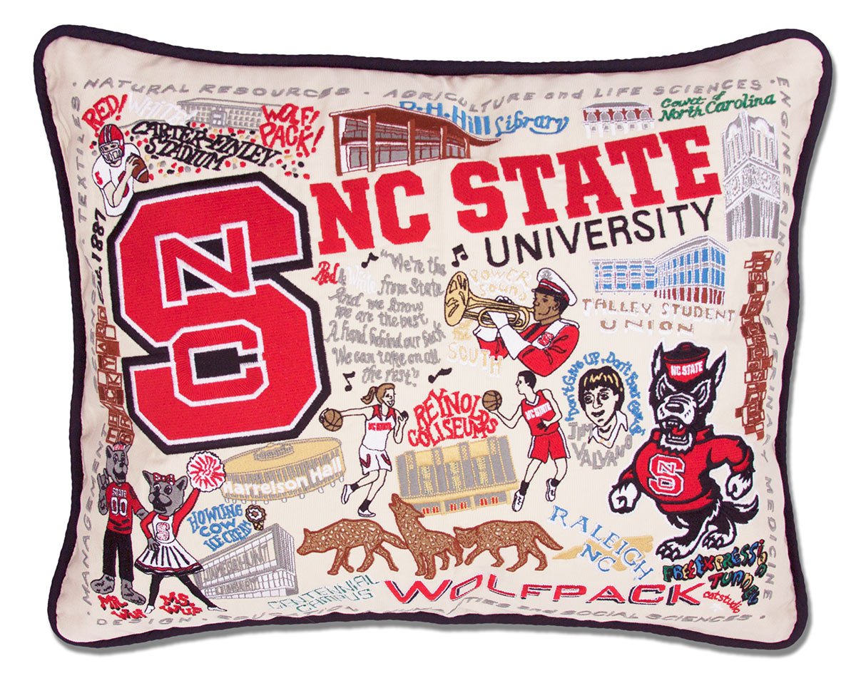 North Carolina State University Wolfpack hand-embroidered throw pillow featuring school colors and mascot imagery