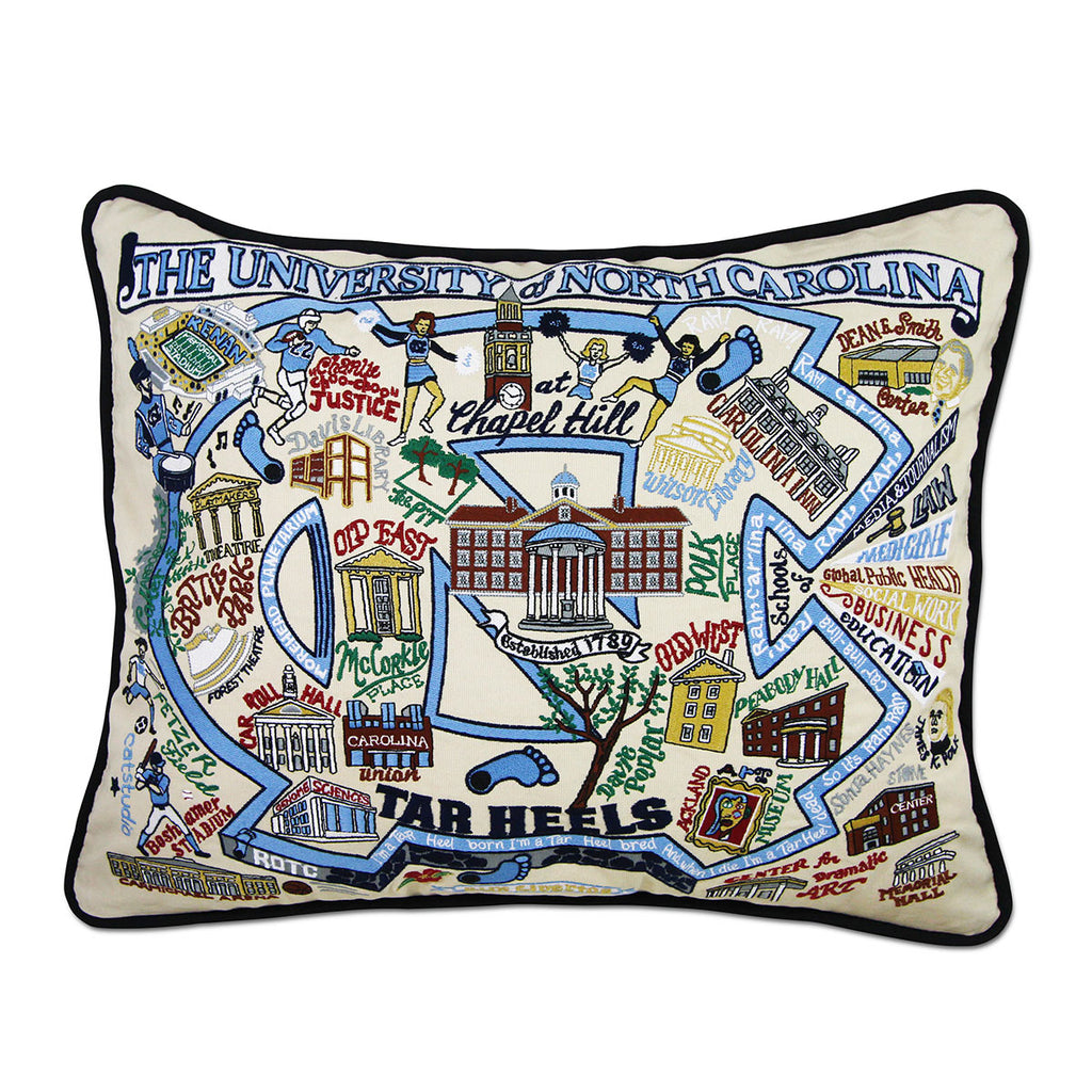 University of North Carolina UNC Tar Heels embroidered pillow with school mascot.