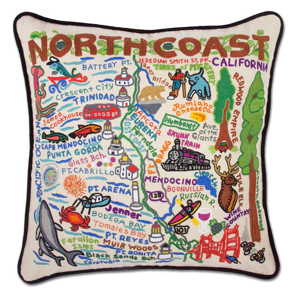 North Coast Rugged hand-embroidered throw pillow showcasing iconic landmarks